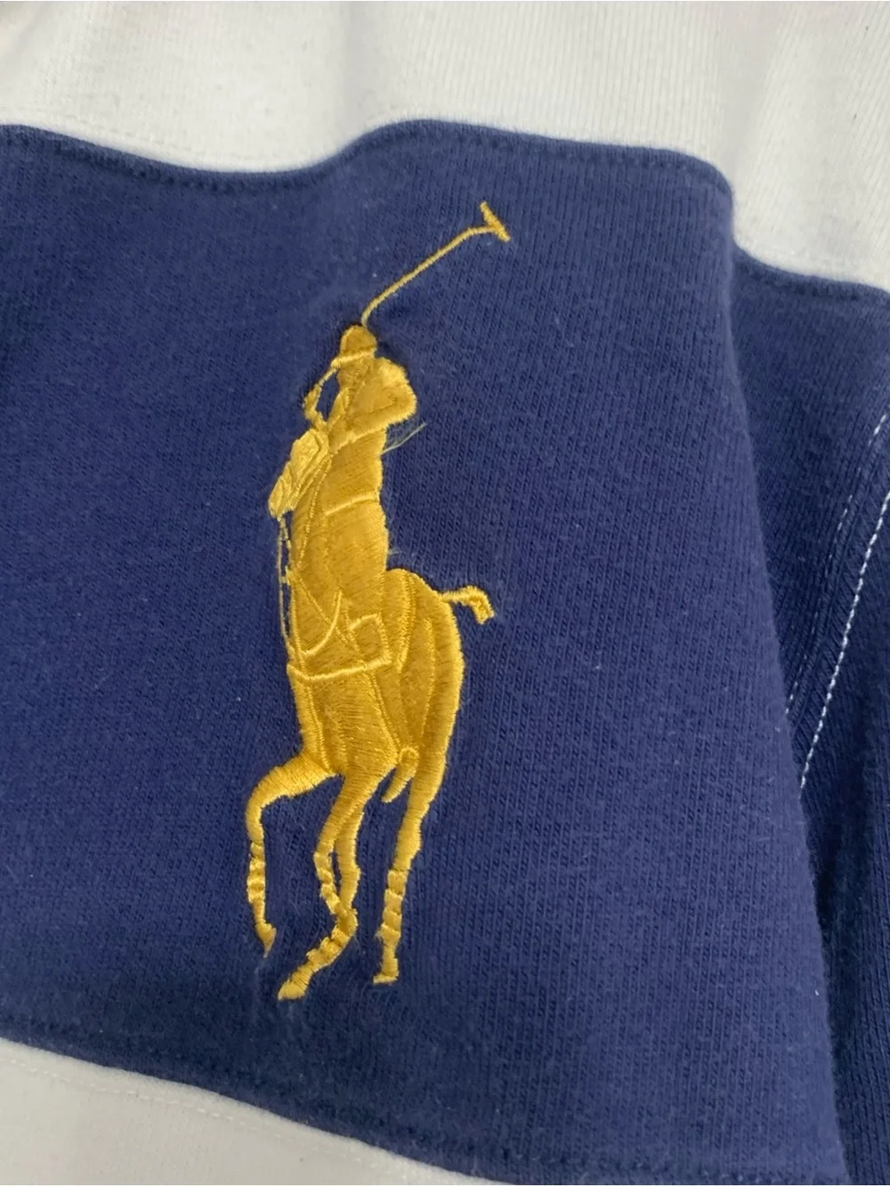 Ralph Lauren Men's Navy and White Striped Rugby Polo with Gold Pony Oversized